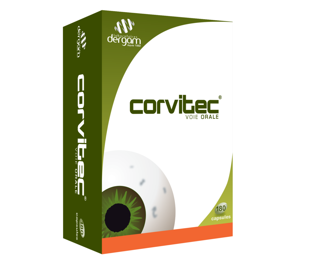 visuel format png packaging produit Corvitec complément alimentaire contre la myodésopsie 180 capsules